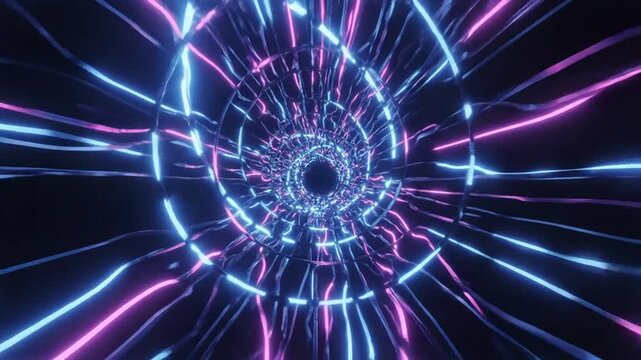 Infinite tunnel of wavy neon pink and cyan light strands against a black background with a central dark void