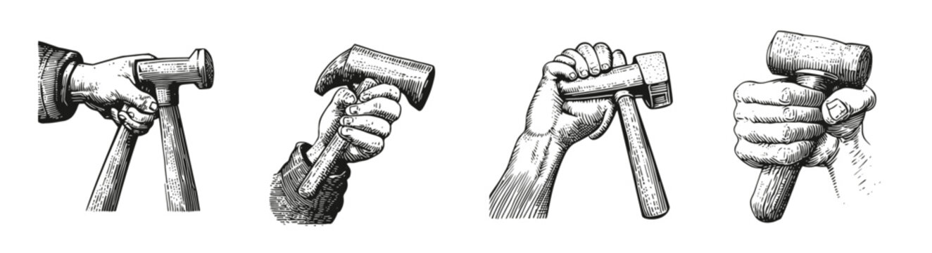 Handheld Hammer Illustrations in Various Gripping Positions, Logo Design, Hand drawing Engraving, Vector Illustration Isolated Object