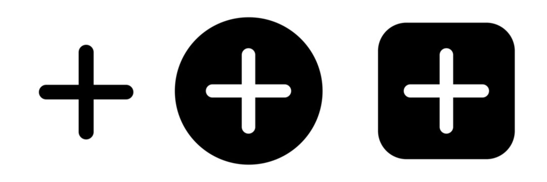 Plus button icon set with add create and insert  symbols. Positive sign and new action icons for apps, web and UI controls