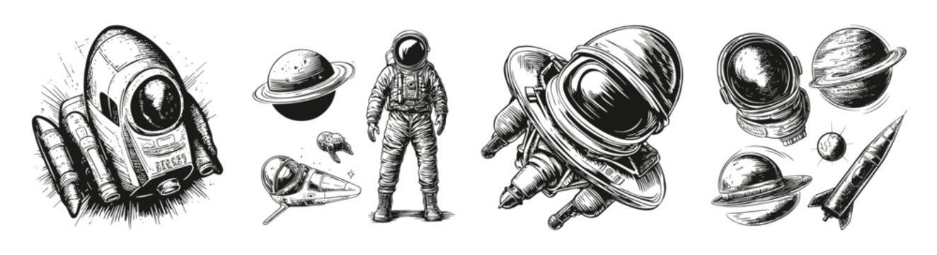 Retro Space Exploration with Astronaut, Rockets, and Planets, vector illustration, engraving design, logo design set, black and white line, template design element