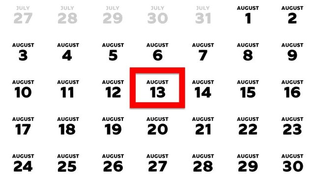 Red cursor highlighting August 13th on a 2026 wall calendar page