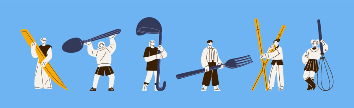 Set of outline tiny people holding big cutlery. Little men and women with huge fork, spoon, knife, soup ladle, whisk. Characters with tableware for cooking, eating. Flat isolated vector illustrations