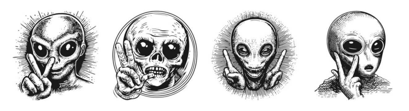Intriguing Alien Faces in Vector Style Illustrating Peaceful Invasion