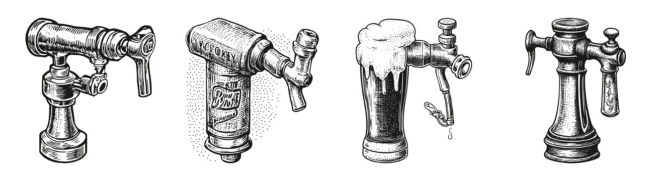 Vintage Tap Illustrations for Pub Menus and Craft Beer Designs, vector illustration, engraving design, logo design set, black and white line, template design element