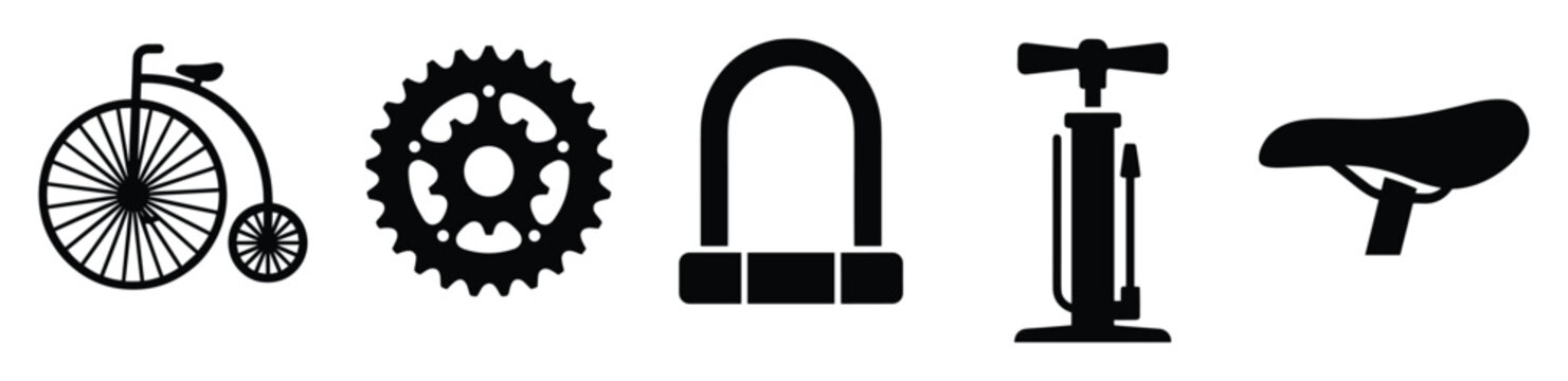 Set of bicycle related icons including a classic penny farthing, gear, security lock, air inflator, and seat for cycling sport and active lifestyle projects.