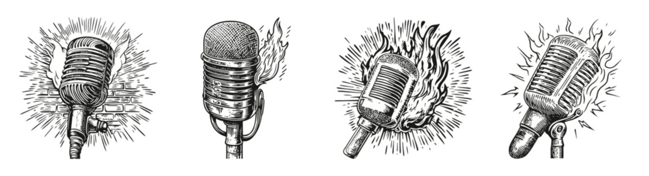 Vintage Retro Microphone Illustrations for Podcast and Sing Themes, vector illustration, engraving design, logo design set, black and white line, template design element