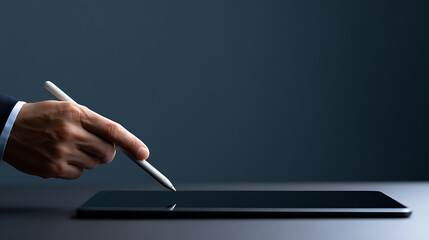 Naklejka premium Business Professional Hand Use Stylus Pen on Digital Tablet for Data Entry, Drawing, or Digital Signature, Modern Technology Concept
