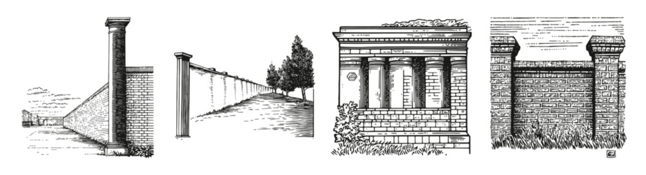Series of Architectural Illustrations Featuring Various Walls and Pillars, vector illustration, engraving design, logo design set, black and white line