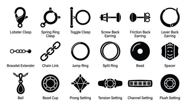 Set of jewelry components for crafting and repair, including various clasps, earring backs, rings, beads, and gem settings, ideal for jewelry designers and hobbyists.