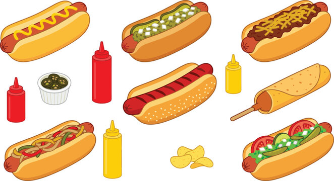 Hot Dog Fast Food Illustration Set Featuring Classic Hot Dogs, Chili Dog, Cheese Dog, Jalapeno Dog, Corn Dog, and Condiment Ingredients