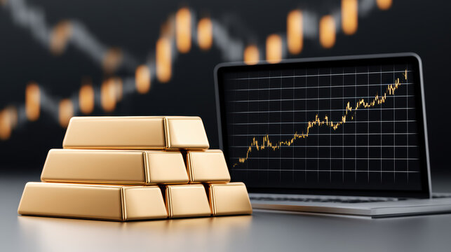 Golden Bar Graph and Coins with Financial Growth Chart on Laptop Screen