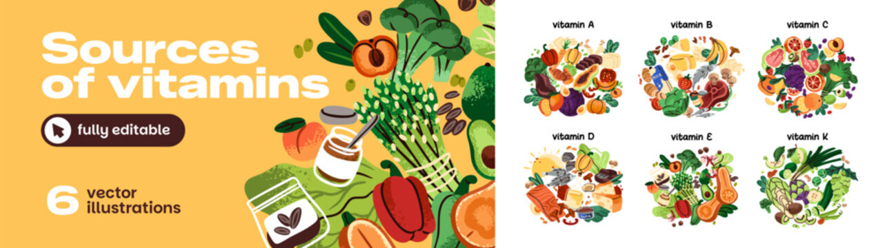Sources of vitamins set. Different groups of fruit, vegetables and grocery products for healthy nutrition. Food with A, B, C, D, E, K, nutrients, minerals. Flat isolated vector illustrations on white