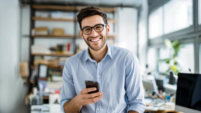 Young man smiles while holding smartphone in office. He wears glasses and a light blue shirt. Background shows shelves and a computer monitor. Natural light filters through large windows