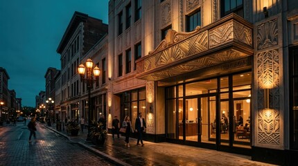 Fototapeta premium Historic Downtown Street with Ornate Architecture at Dusk