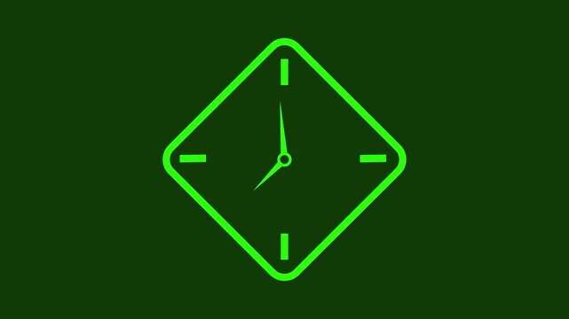 Green clock icon with transparent background and green outline on dark green background  clock face with hour and minute hands  modern design element