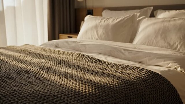 A neatly made bed with white linens and a woven blanket in a well-lit bedroom.