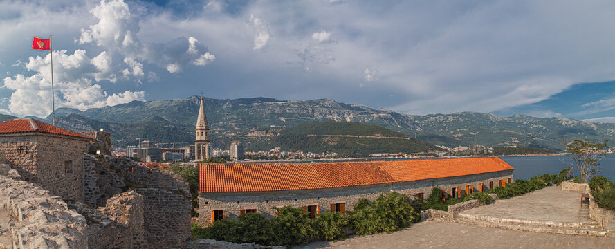 Panoramic view of the Library in the Citadel of the old town of Budva, Montenegro, from the fortress ramparts.