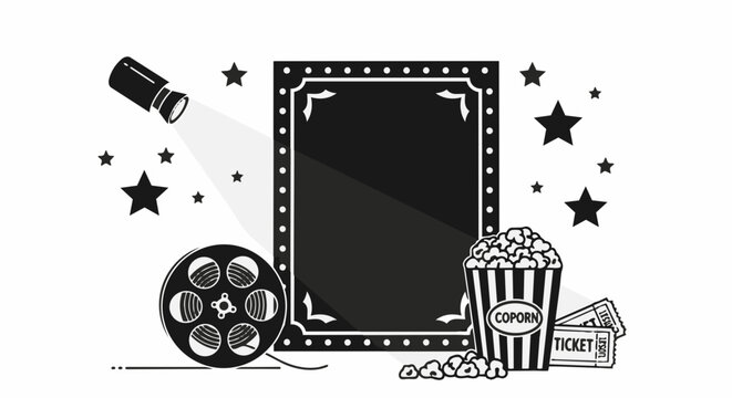 Black and white cinema poster with film reels and popcorn.