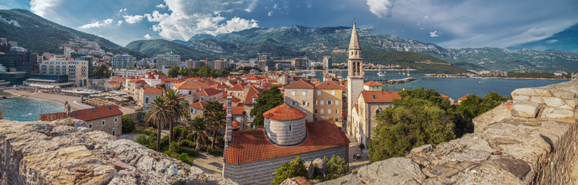 Panoramic view of the old town of Budva, Montenegro, from the fortress ramparts.
