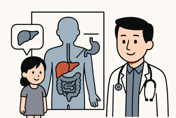 Obraz premium Friendly doctor using a diagram of the human digestive system to explain liver and stomach functions to a young girl in a clinic.
