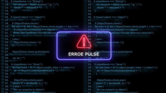 System error alert with glowing neon warning and scrolling programming code background