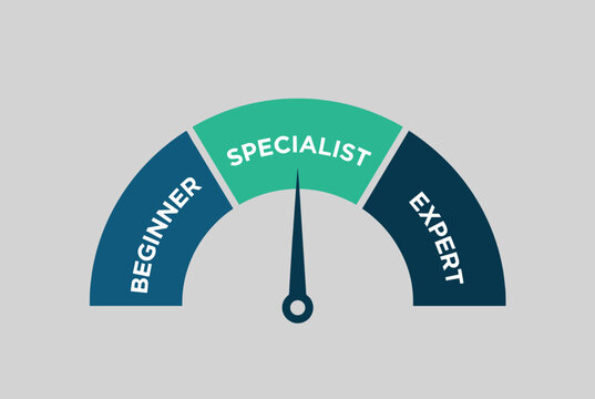 Performance gauge indicator with a needle pointing to the Specialist level between Beginner and Expert categories for skill assessment.