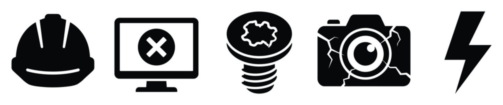 Set of conceptual icons including safety helmet, computer error, stripped screw, broken camera, and lightning bolt for warning, problem, and industrial applications.