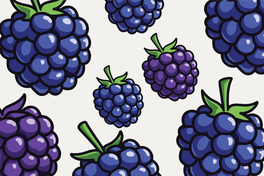 Seamless pattern of ripe blackberries with green leaves scattered across a light beige background for a fresh, organic look.