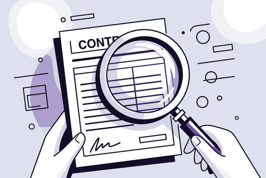 Detailed view of hands holding a business contract under a large magnifying glass for careful review, scrutiny, and due diligence.