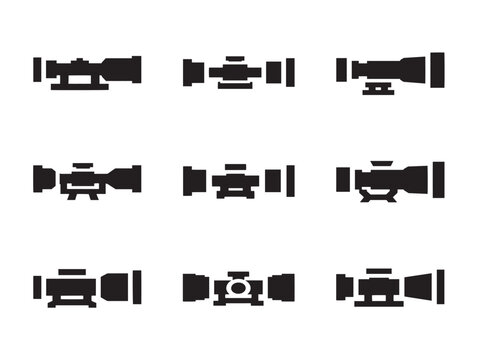Black Silhouette Rifle Scope Icons Set for Precision Targeting and Optics