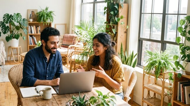 Couple Working Together on Laptop in Plant-Filled Home Office