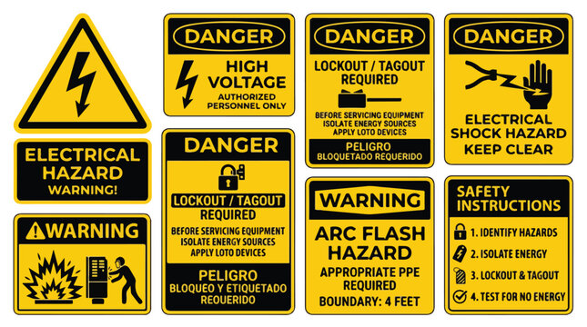 Industrial electrical safety signs set, danger high voltage and arc flash hazard warning labels, lockout tagout required vector icons