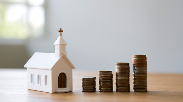Small model of a building with a cross alongside increasing stacks of coins on a light wood surface, representing growth and finance