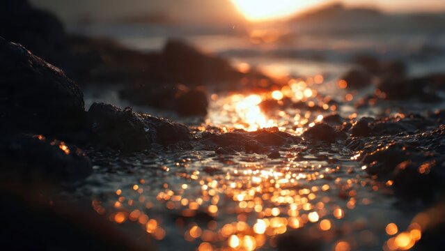 Golden Sunset Reflections on Wet Sand Beach.