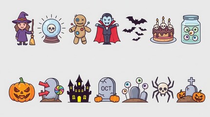 Fototapeta premium Halloween flat vector icon set with spooky characters and festive elements in vibrant cartoon style