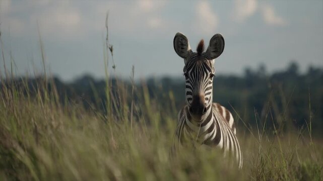 A zebra stands alert in tall grass, gazing straight forward, with a backdrop of a clouded sky