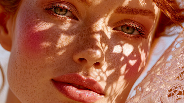 Sunlight dances on a woman's face adorned with freckles, capturing the beauty of nature's art in a serene outdoor setting