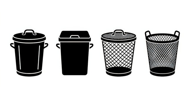 Black and white illustration of various trash cans and waste bins for disposal needs