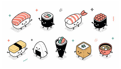 Sushi cartoon food characters. © Kenn