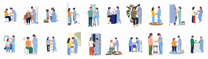 Fototapeta premium Diverse collection of flat vector illustrations showing nurses administering vaccinations and providing medical care to patients of various ages and backgrounds.