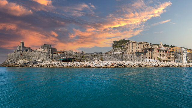 View from the sea of ​​the Church of San Pietro in Portovenere coast, (La Spezia, Italy). A 13th-century medieval church built on the site of a Roman temple dedicated to the goddess Venus Ericina. 