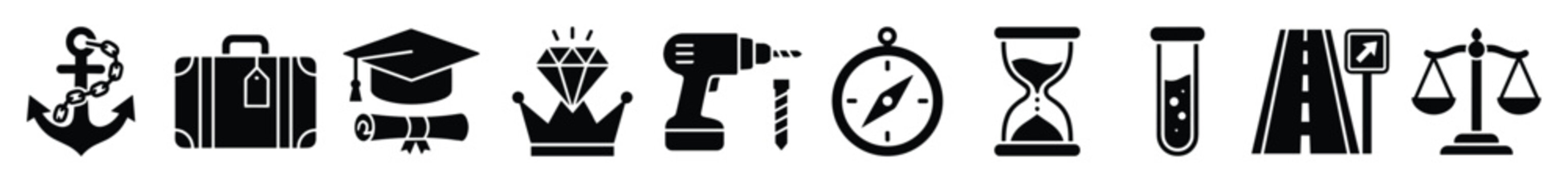 Set of various professional career and life stage journey icons representing ambition achievement education success or decision making for business graphics