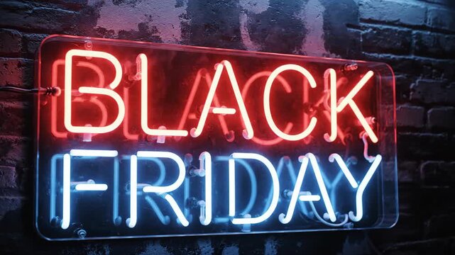 Vibrant Black Friday neon sign on dark brick wall with smoke
