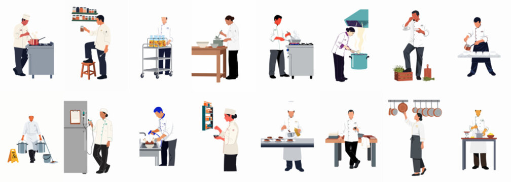 Flat illustration set of diverse professional chefs performing various tasks in a commercial kitchen, including cooking, cleaning, and food preparation.