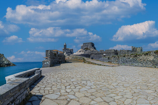 View of the Church of San Pietro Portovenere, La Spezia, Italy. A 13th-century medieval church built on cliffs that drop directly into the Ligurian Sea and located in Piazza Lazzaro Spallanzani.