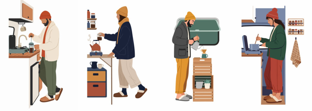 Collection of people cooking and making coffee inside a camper van, illustrating a cozy nomadic winter lifestyle.