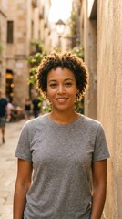 Obraz premium Young Woman Smiling in Historic European Alley Street