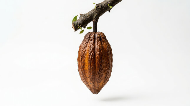 Cacao pod hanging from tree branch, isolated on white background