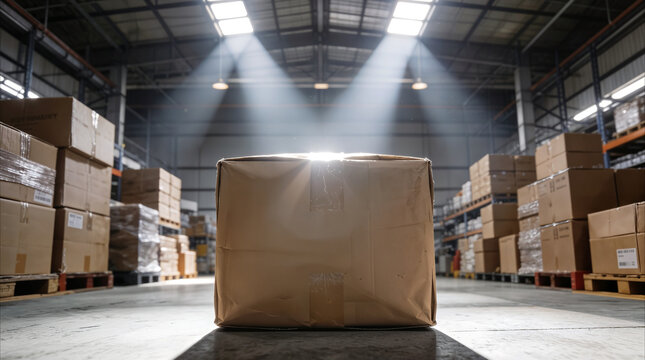 Large cardboard box illuminated by dramatic light beams in center of industrial warehouse. Logistics and shipping concept.