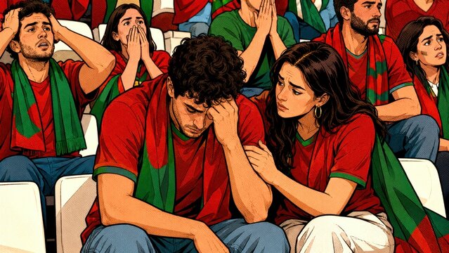 Sports fan disappointment in stadium crowd, anxious supporter with upset partner